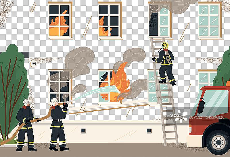 消防员救援队正在扑灭燃烧的房屋。图片素材