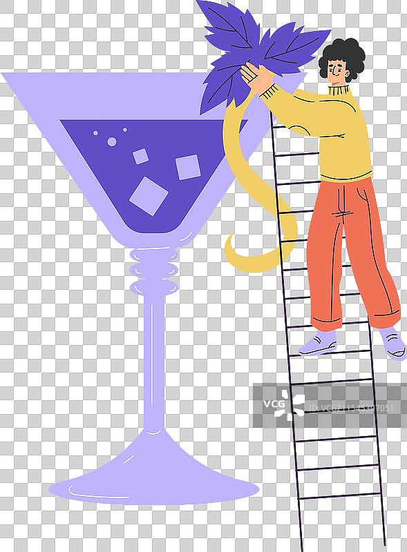 女人角色在梯子上拿着大鸡尾酒杯图片素材
