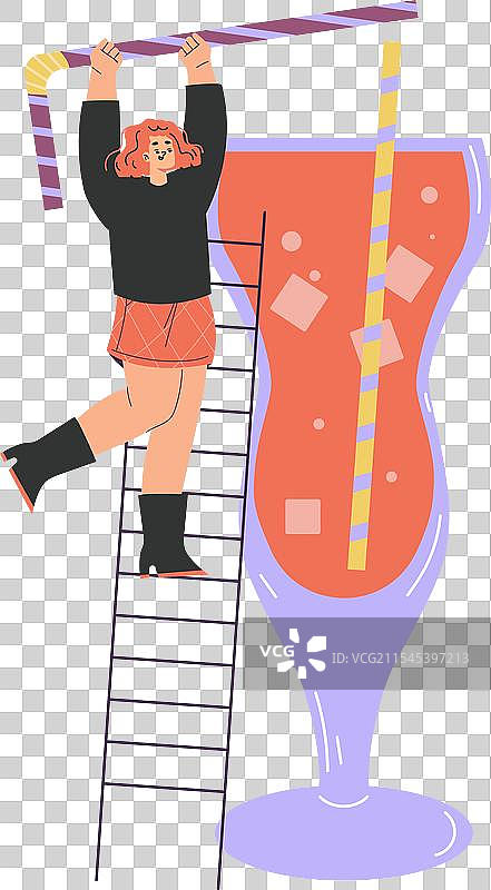 女人角色在梯子上拿着大鸡尾酒杯图片素材