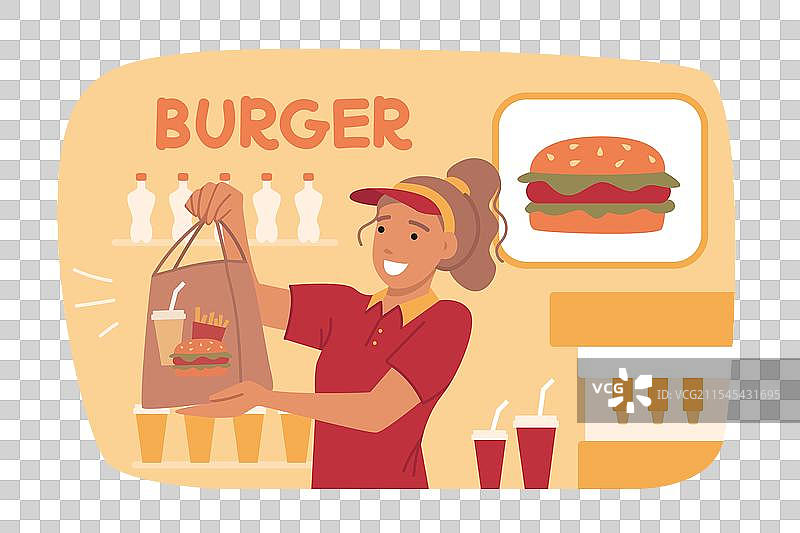 女性在快餐咖啡馆的摊位上出售汉堡。图片素材