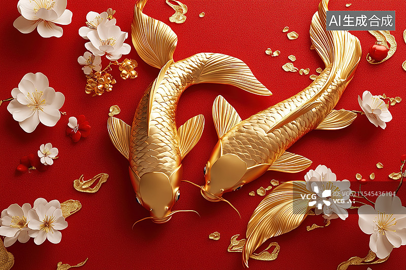 【AI数字艺术】红色背景下两条锦鲤金鱼在水面图片素材
