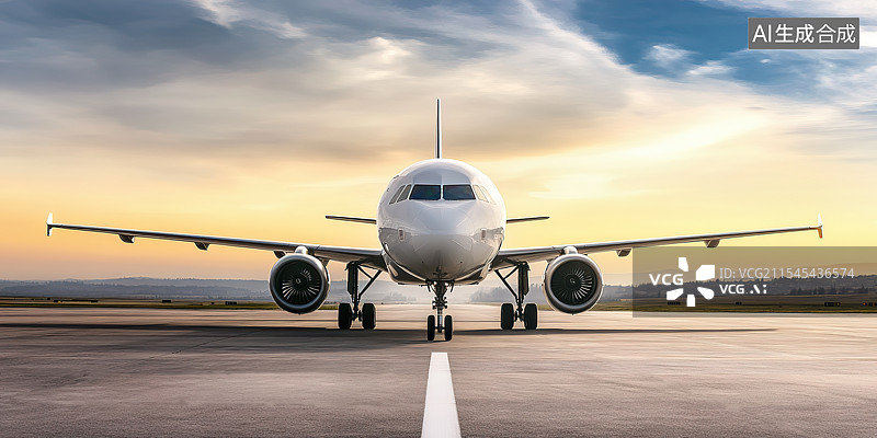 【AI数字艺术】黄昏跑道上滑行准备起飞的飞机图片素材