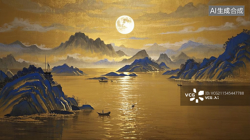 【AI数字艺术】中国传统金色江面月色山水画图片素材