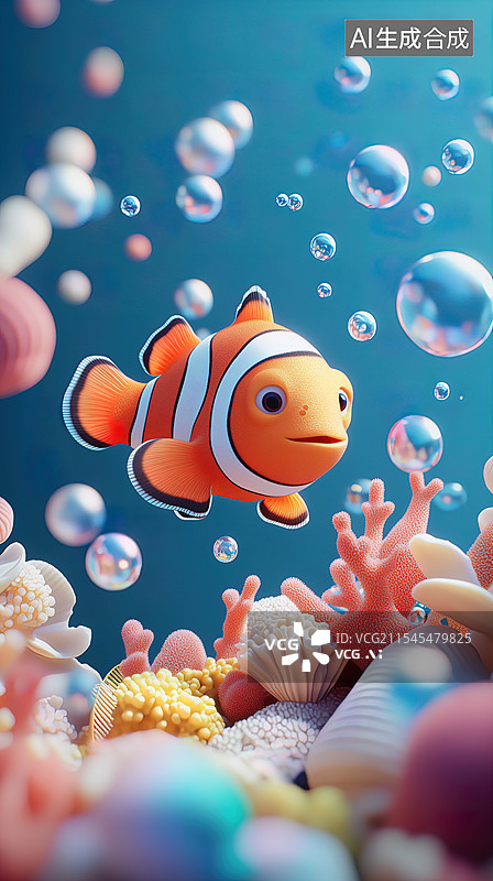 【AI数字艺术】可爱的小丑鱼在珊瑚礁中嬉戏图片素材