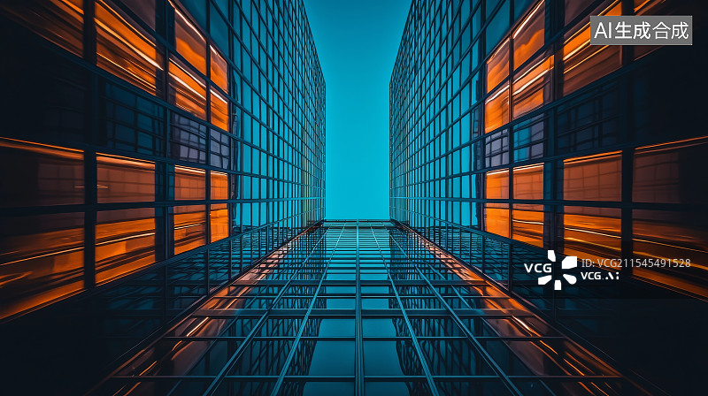 【AI数字艺术】对称现代玻璃大厦光影效果图片素材