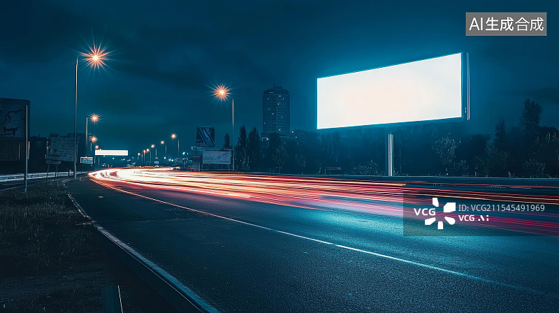 【AI数字艺术】夜晚公路空白广告牌图片素材