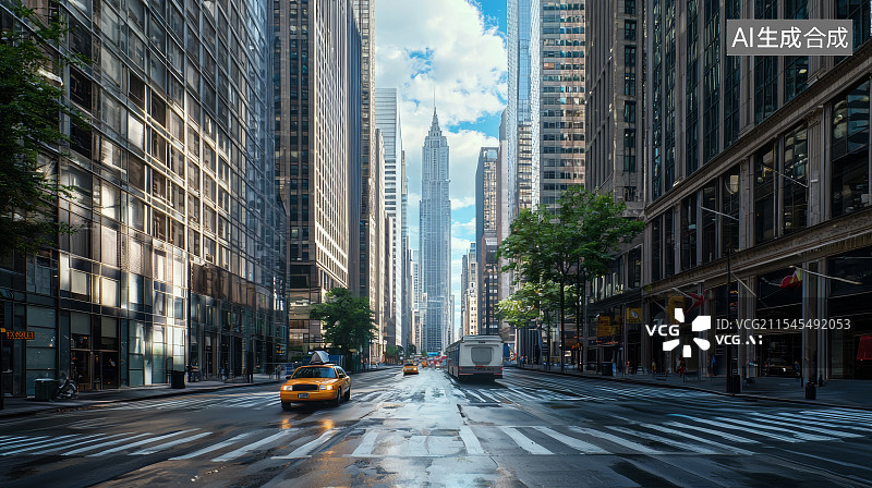 【AI数字艺术】现代城市高楼林立街道阳光透射图片素材