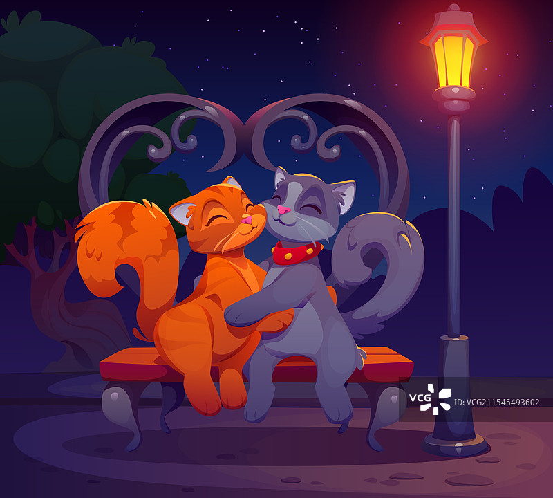 情人节的猫咪情侣在公园长椅上依偎在一起图片素材
