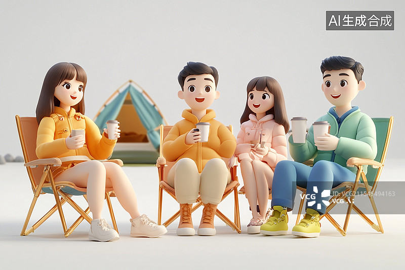 【AI数字艺术】春天户外露营3D卡通人物图片素材