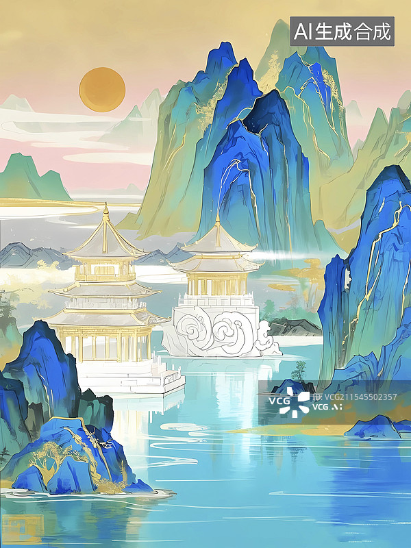 【AI数字艺术】青绿国风山水画背景图片素材