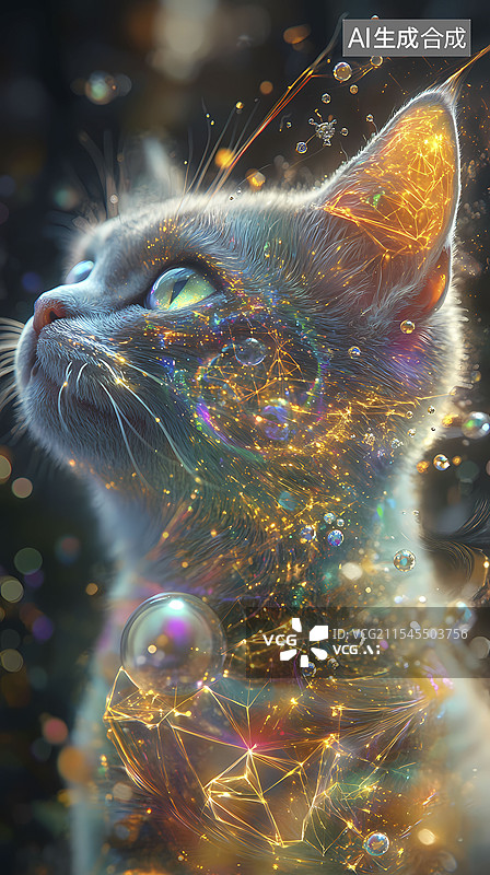 【AI数字艺术】彩色梦幻猫宇宙华丽线条海报背景图片素材