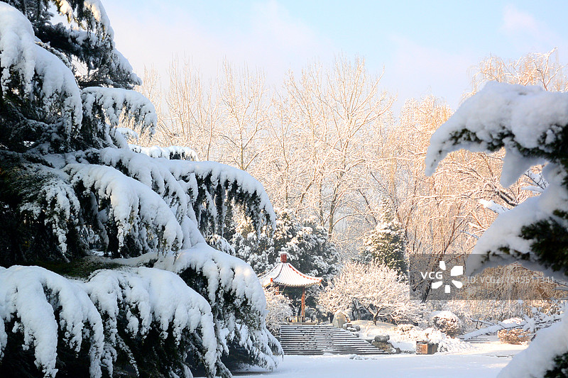 玉渊潭公园留春园雪景图片素材