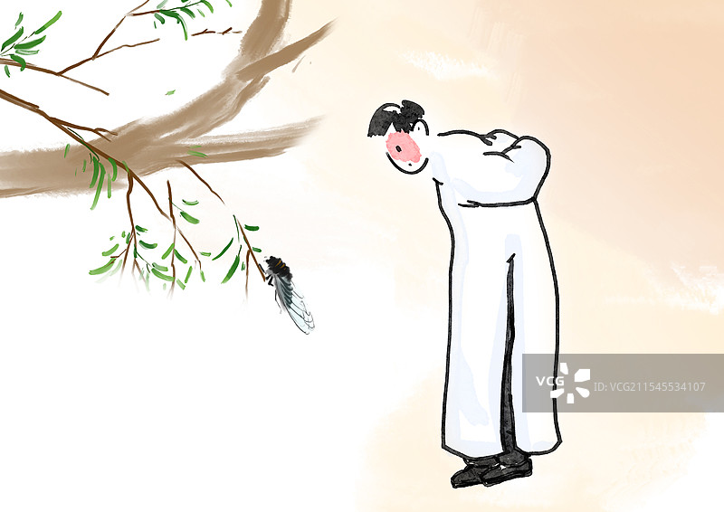 夏天黄昏树蝉知了水墨插画传统文化图书插图图片素材