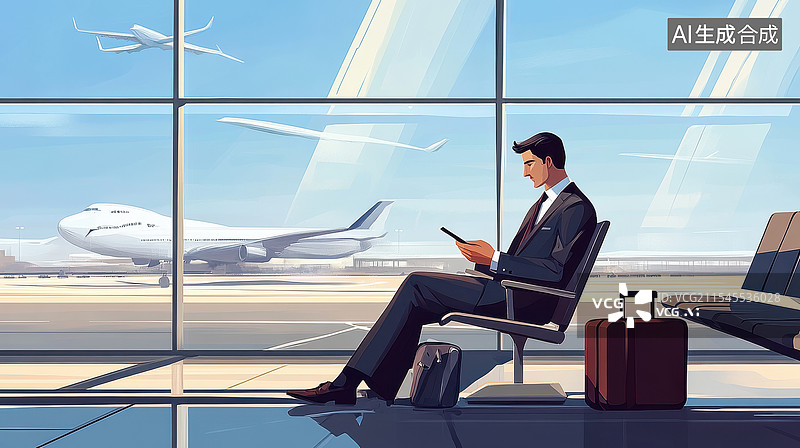 【AI数字艺术】一个商务人士坐在候机楼玩手机等飞机图片素材