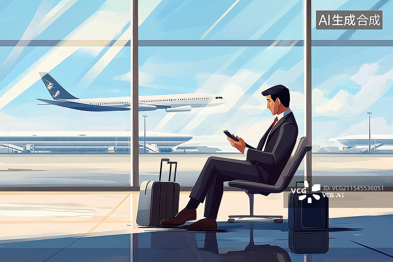 【AI数字艺术】一个商务人士坐在候机楼玩手机等飞机图片素材