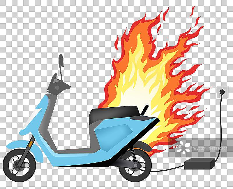 家庭居家生活普通人出门出行交通工具新能源便捷电动车充电着火火灾火情危险危机车辆卡通元素素材插画图片素材