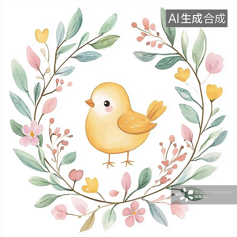 【AI数字艺术】一幅卡通水彩风格的生肖鸡的形象，被花环环绕，洋溢着可爱温馨氛围图片素材