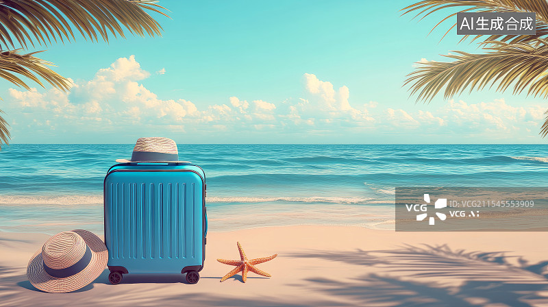 【AI数字艺术】海滩度假旅行箱，热带海岛假期图片素材