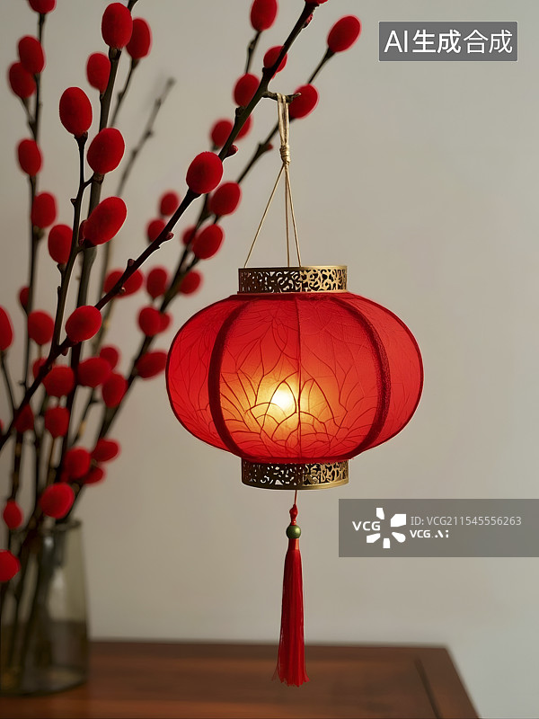 【AI数字艺术】春节银柳上悬挂着的红灯笼图片素材