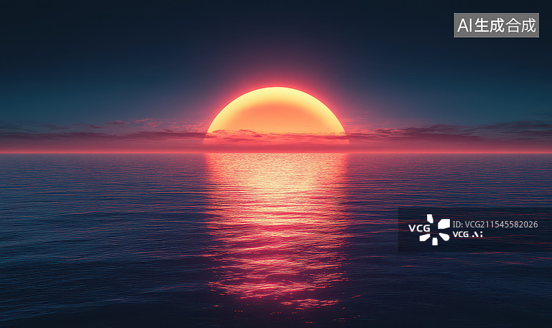 【AI数字艺术】梦幻的海上红色月亮图片素材