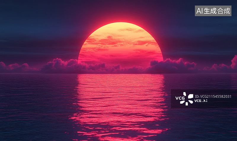 【AI数字艺术】梦幻的海上红色月亮图片素材