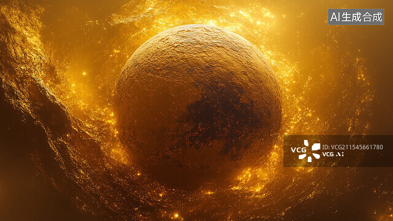 【AI数字艺术】巨大的金色太空星球图片素材