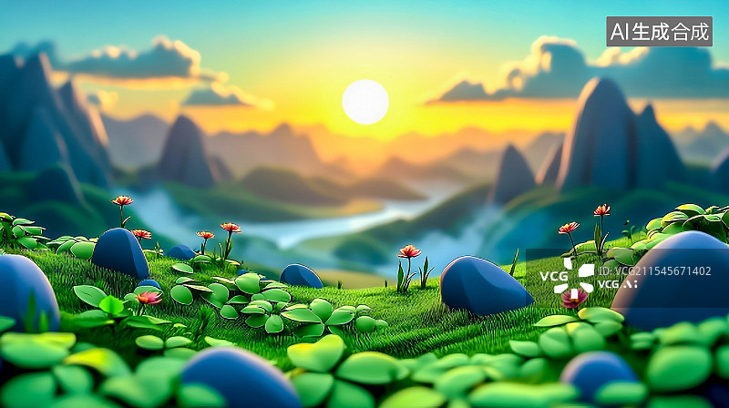 【AI数字艺术】春天自然山水草地风景插画背景图片素材