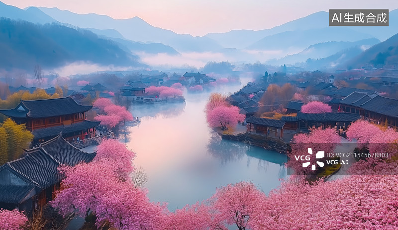 【AI数字艺术】水乡春色图片素材