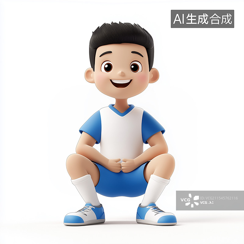【AI数字艺术】身着蓝白足球服、蹲坐抱膝、面带微笑的卡通男孩，尽显轻松可爱图片素材
