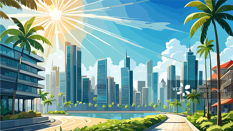 城市公园风景与湖泊的城市背景图片素材