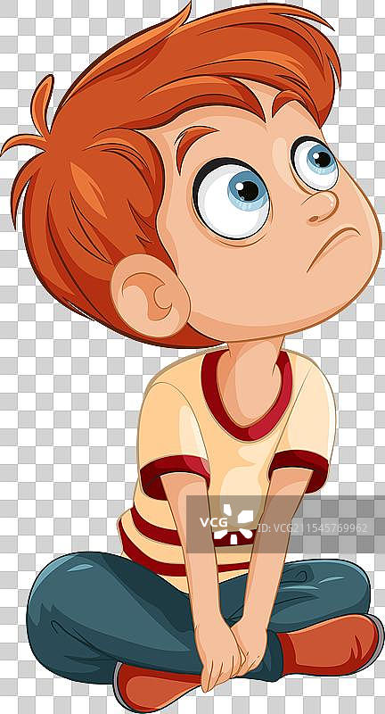 坐着的卡通男孩若有所思地仰望着天空图片素材