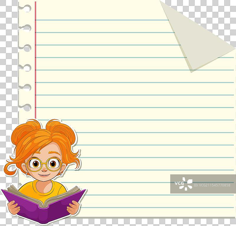 卡通女孩在有横线的纸上阅读一本书图片素材