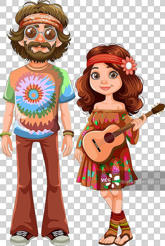 穿着五彩斑斓衣服和吉他的卡通嬉皮士图片素材