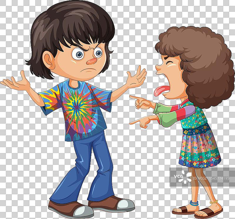 两个卡通儿童争吵，表现出沮丧的情绪图片素材