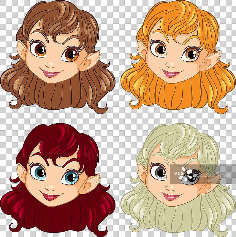 四个不同发色的快乐精灵女孩图片素材
