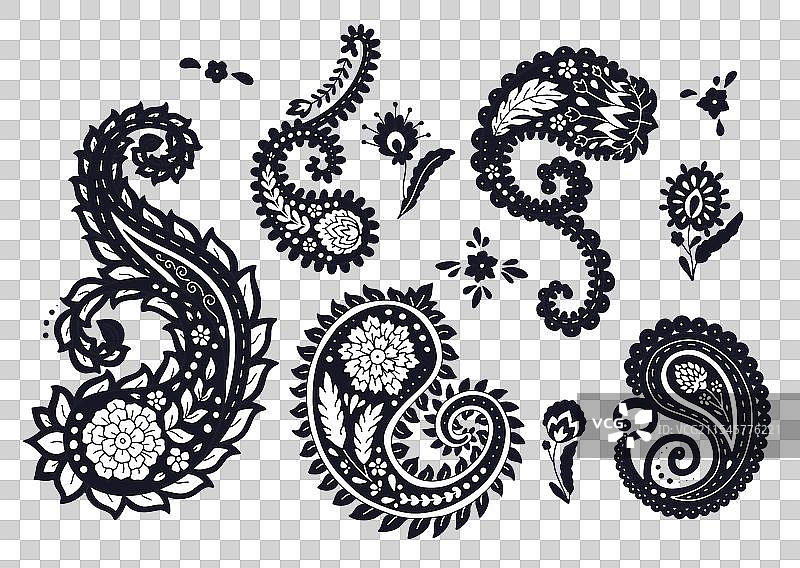 一组黑白色的佩斯利图案，独立于背景上图片素材