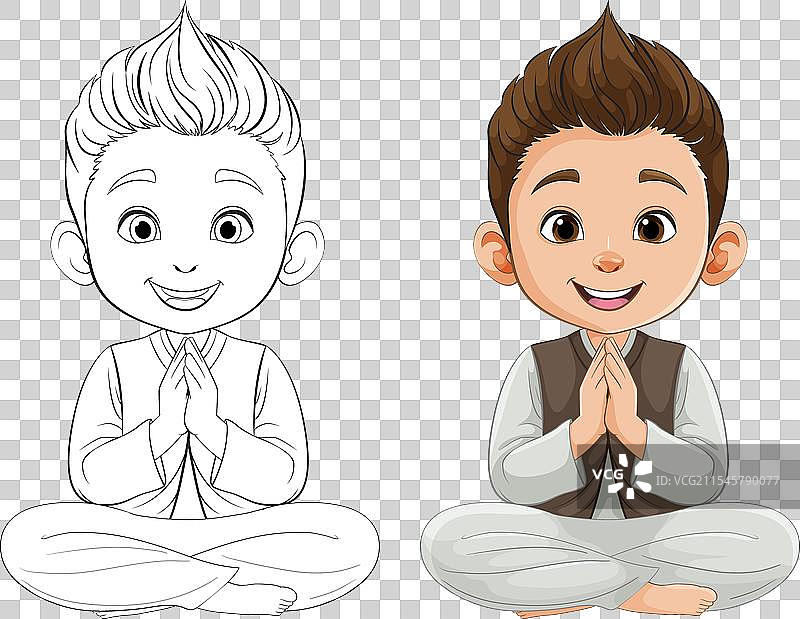 微笑着冥想的卡通男孩图片素材