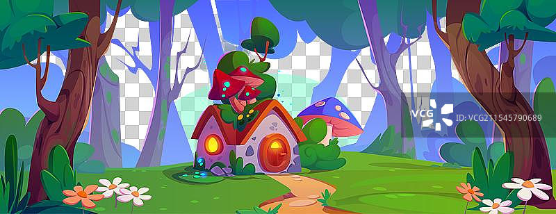 森林中有蘑菇的小型幻想房屋图片素材
