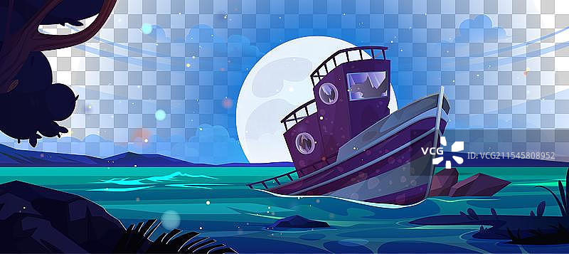 卡通船只在碰撞后沉没的场景图片素材
