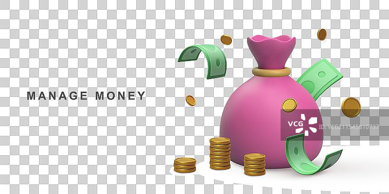 3D真实概念的钱袋和堆叠的硬币图片素材