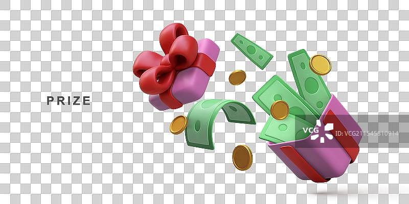 3D逼真的打开惊喜礼品盒，里面有钱。图片素材