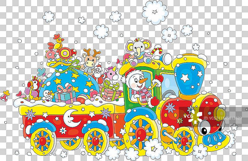 搞笑的雪人驾驶着装满节日礼物的火车图片素材