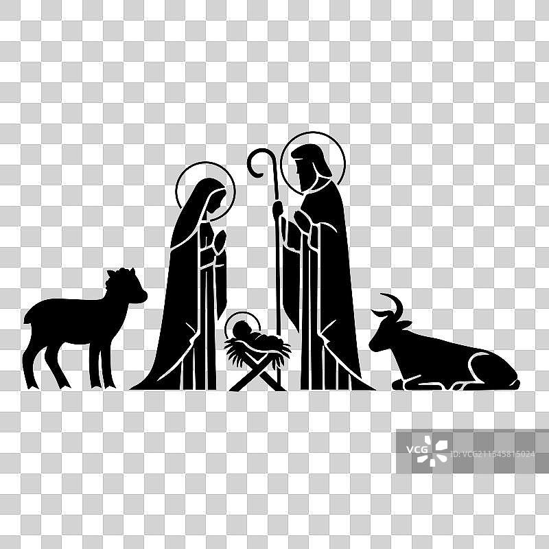 耶稣降生场景，包含玛丽、约瑟和婴儿图片素材