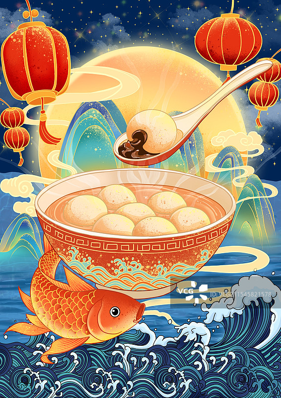 国潮风格的元宵节汤圆插画图片素材