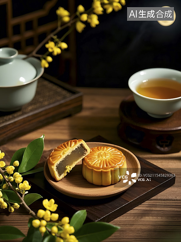 【AI数字艺术】中秋节桂花月饼和月亮插画图片素材