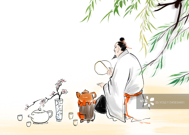 水墨画插图文学插画，茶，围炉煮茶，茶文化图片素材