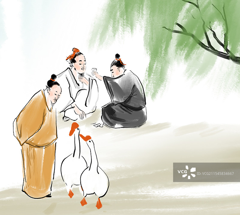 水墨画插图文学插画，王羲之，鹅，图片素材