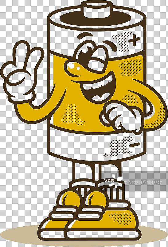 可爱的电池吉祥物角色，带着手。图片素材