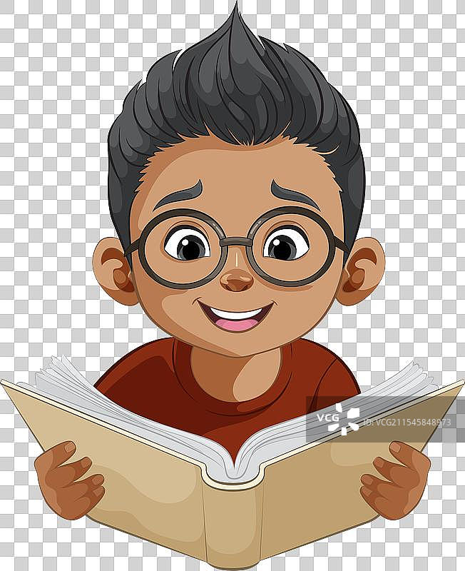 快乐的孩子在阅读一本打开的书的卡通画图片素材