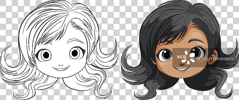 两个发型和肤色不同的卡通女孩图片素材